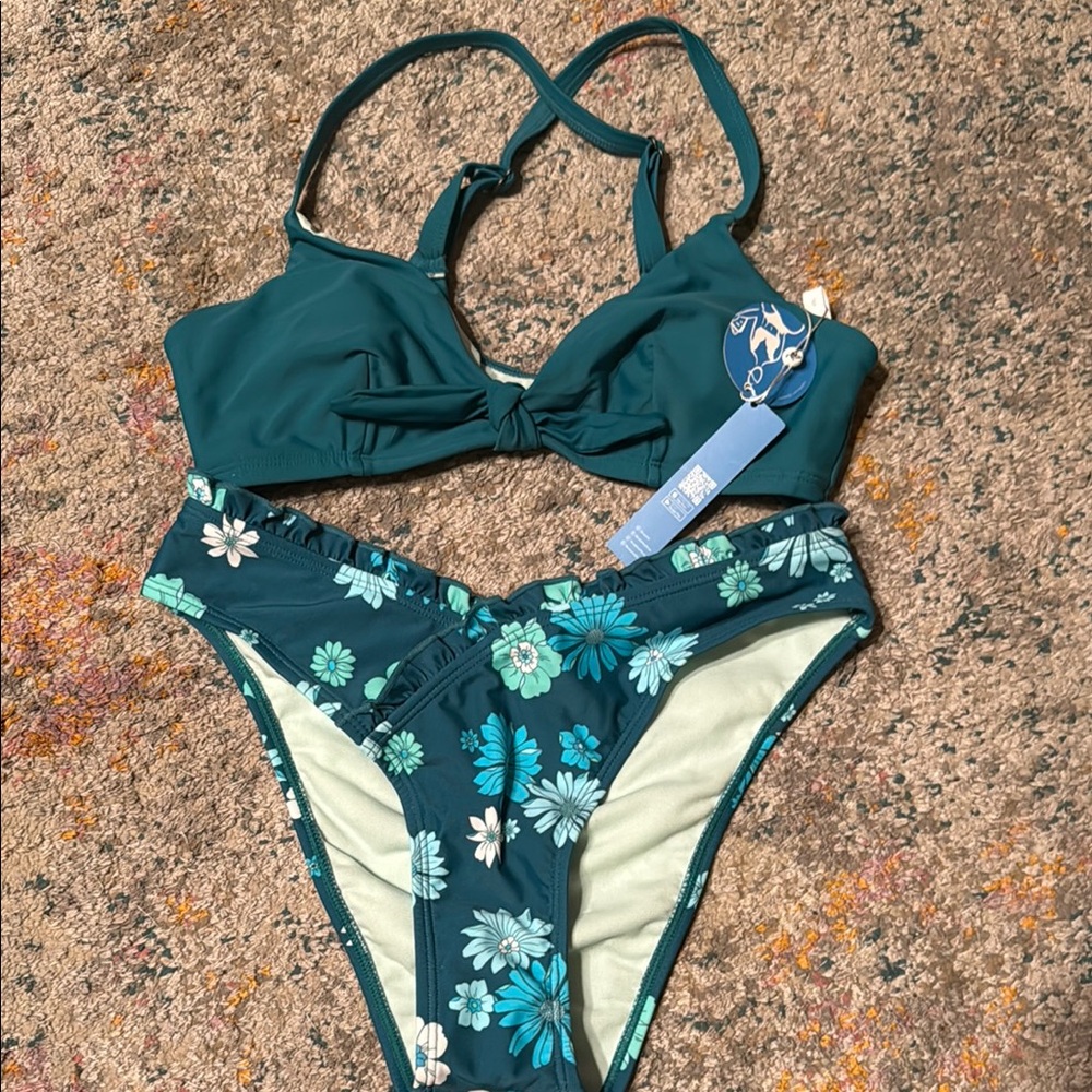 NWT Cupshe Teal Floral Bikini Set S